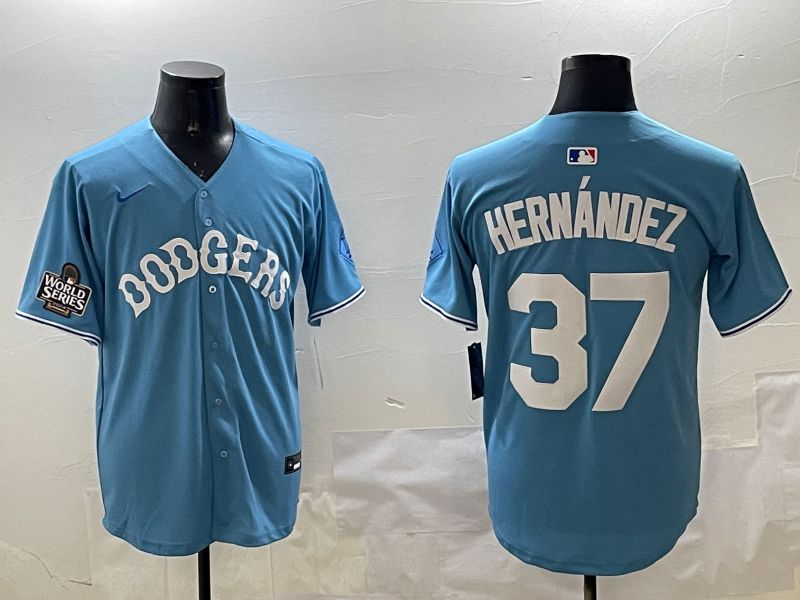 Men Los Angeles Dodgers 37 Hernandez Light Blue Joint Name 2025 Nike MLB Jersey style 14